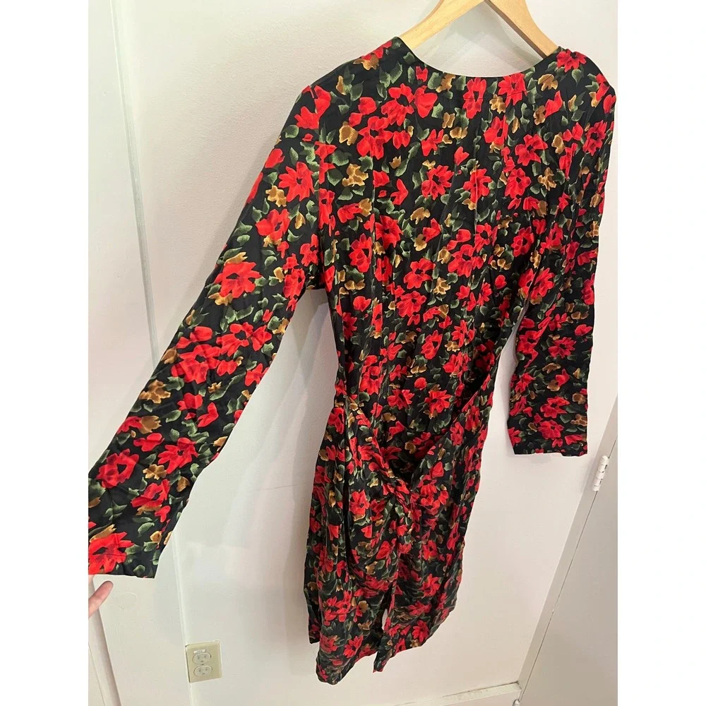 Mary Jo Bruno Vintage 90s Silk Floral Tomato Red Handkerchief Hem Dress 6